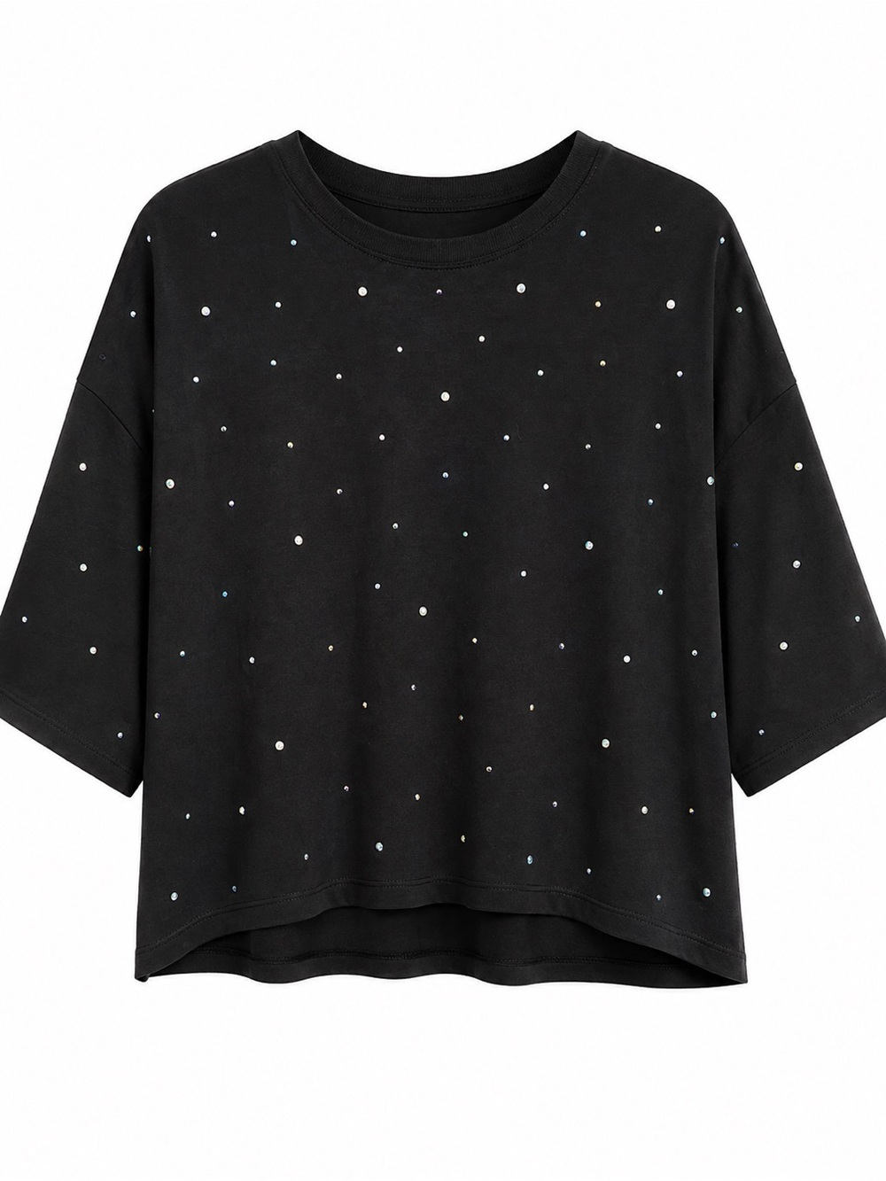White Birch Black Rhinestone Studded Oversized Top XL Sparkle Crew Neck NWOT
